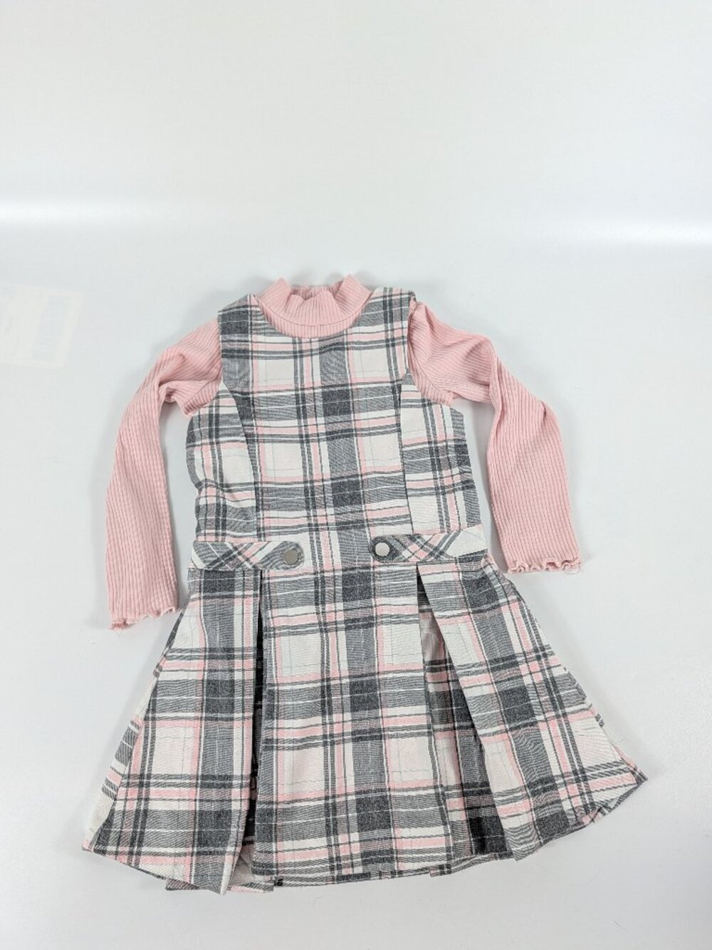 Happily Grey Kids Plaid Jumper Pink Ribbed Mock Neck Top Girls Size 5